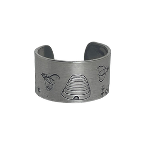 Handmade 10 stamped Busy bees silver hypoallergenic adjustable wide cuff ring‎
